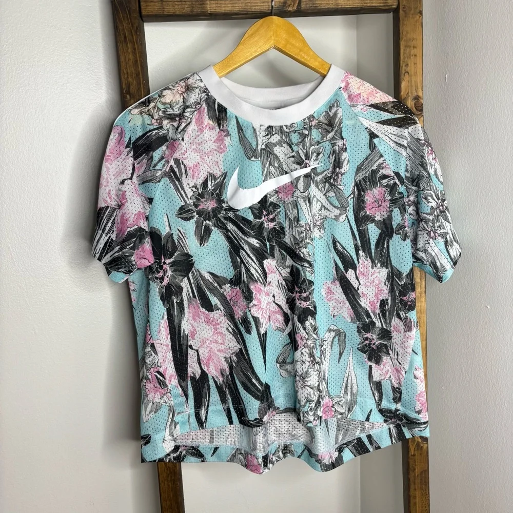 Nike Sportswear Short Sleeve Top Mesh Floral Logo Shirt Blue Size L